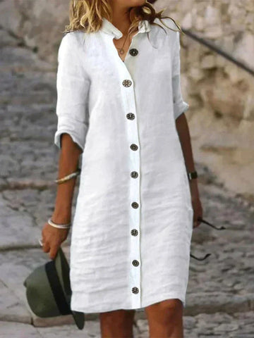 Women's Shirt Dress - Button-Up Front - Classic Collar - 3/4 Sleeve - Relaxed Fit