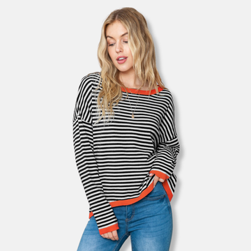 Women’s Sweater – Relaxed Fit – Knitted Stripe Design – Drop Shoulder – Ribbed Trim