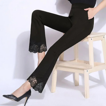 Women's Flared Trousers - Slim Fit - Lace Hem - Elegant & Stretchy Comfortable Wear