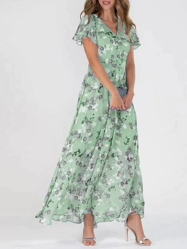 Women’s Midi Dress – Floral Print – V-Neck – Flutter Sleeve – Flowing Silhouette