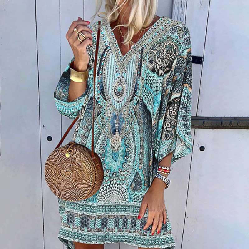 Women's Kaftan Dress - V-Neck - Loose Fit - Lightweight Boho Paisley Print