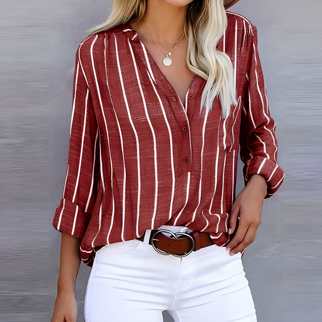 Women's Button-Down Blouse - Striped - Long Sleeve - Lightweight Casual Wear