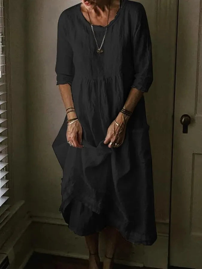 Women's Dress - Loose Fit Cotton Linen - Round Neck - 3/4 Sleeve - Asymmetric Hem - Pockets