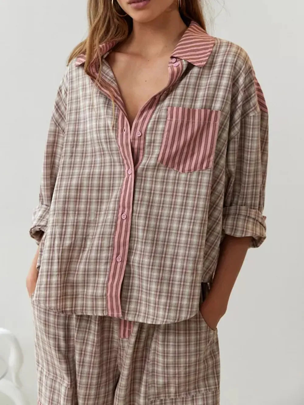 Women’s Pajama Set – Relaxed Fit – Soft Breathable Fabric – Plaid Trim Details