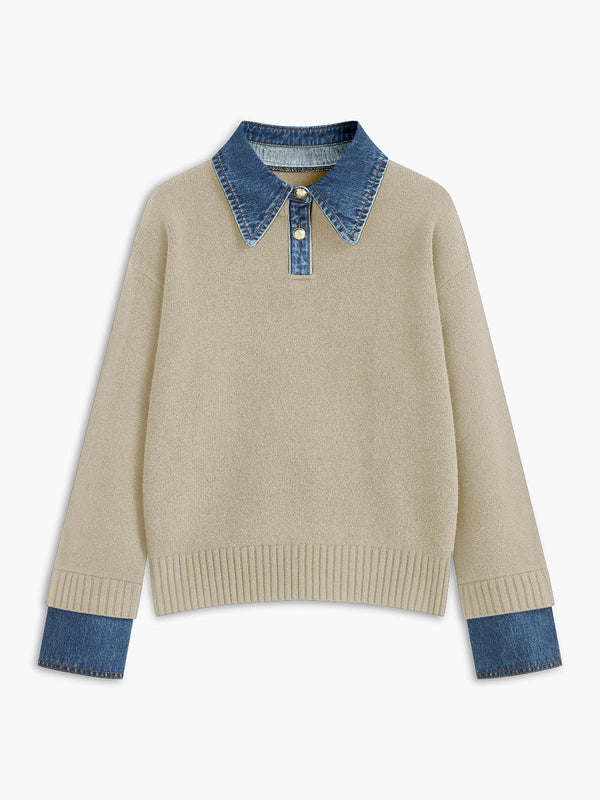 Women’s Sweater – Relaxed Fit Knit – Denim Collar and Cuffs – Layered Look Styling