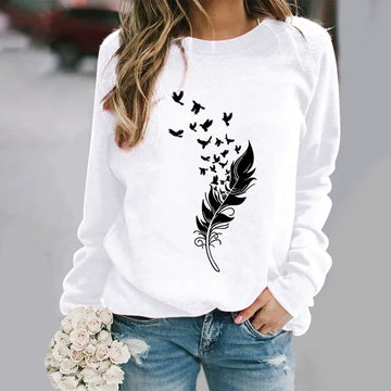 Women’s Sweatshirt – Cotton Blend – Relaxed Fit – Long Sleeve Crew Neck – Feather Print