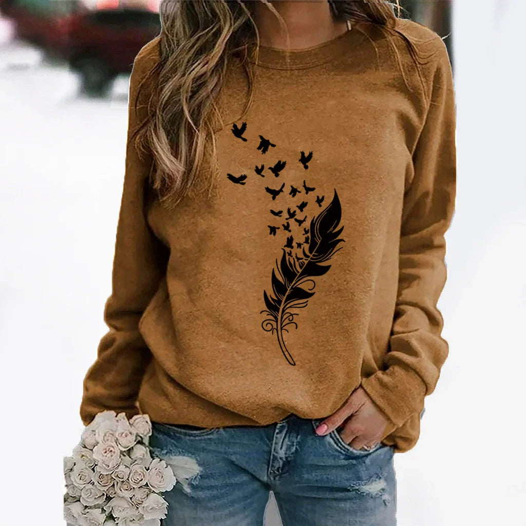 Women’s Sweatshirt – Cotton Blend – Relaxed Fit – Long Sleeve Crew Neck – Feather Print