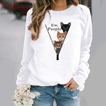 Women’s Crew Neck Sweatshirt – Relaxed Fit – Cat Graphic – Soft Cotton Feel