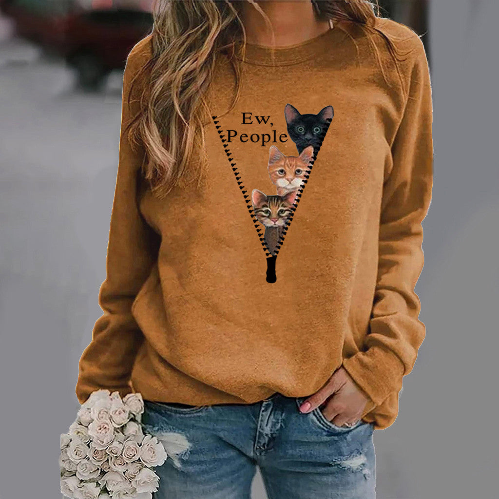 Women’s Crew Neck Sweatshirt – Relaxed Fit – Cat Graphic – Soft Cotton Feel