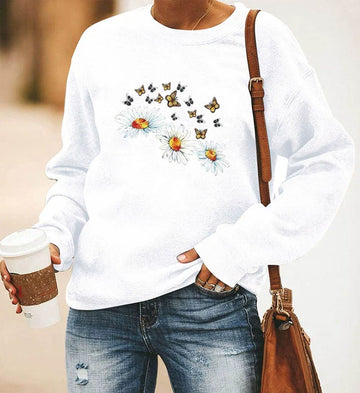 Women’s Sweatshirt – Relaxed Fit – Cotton Blend – Crewneck – Floral Butterfly Print