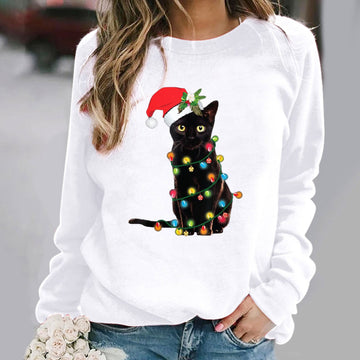 Women’s Hooded Sweatshirt – Cotton Blend – Relaxed Fit – Crew Neck – Cat Graphic