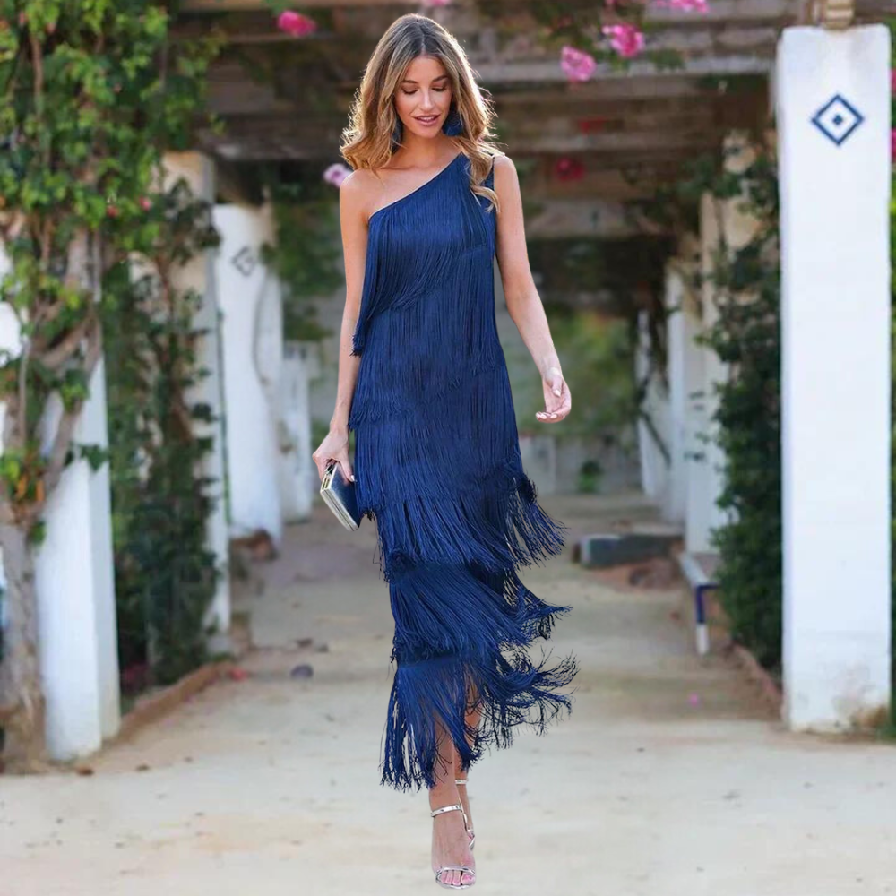 Women's One-Shoulder Fringe Dress - Maxi Length - Elegant Evening Wear