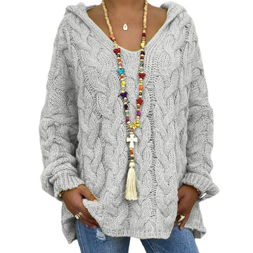 Women's Cable Knit Sweater - Oversized Fit - Hooded - Soft Knitted Fabric
