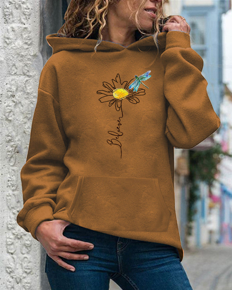Women’s Hooded Sweatshirt – Relaxed Fit – Sunflower Graphic – Cotton – Long Sleeve