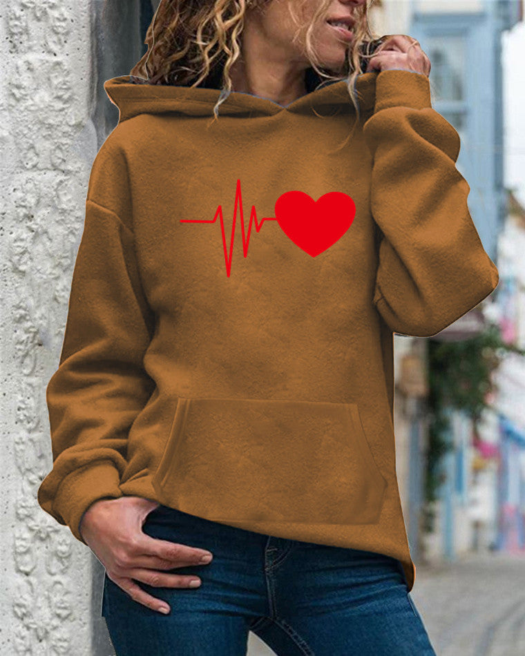 Women’s Hooded Sweatshirt – Cotton Blend – Relaxed Fit – Long Sleeve – Heart Print