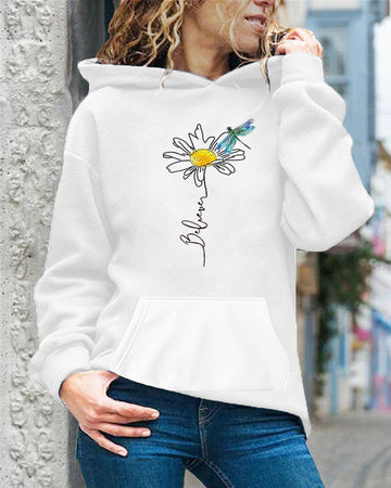Women’s Hooded Sweatshirt – Relaxed Fit – Sunflower Graphic – Cotton – Long Sleeve