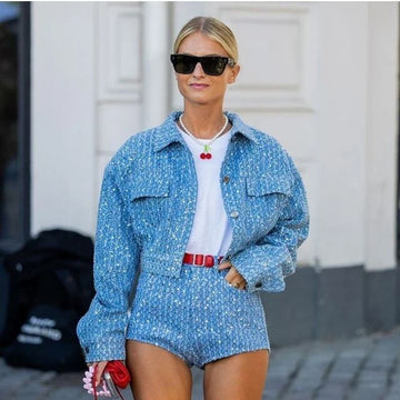 Sequin Denim Jacket and Shorts Set for Women
