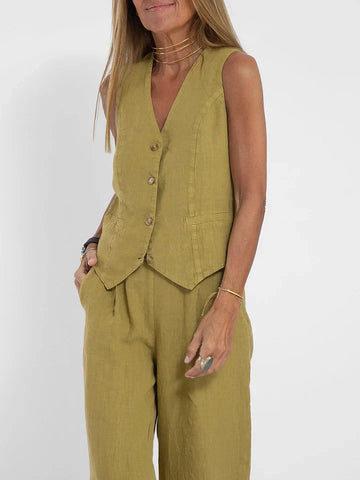 Women’s Tailored Vest – Fitted Linen – V-Neck – Button Front – Waist Length