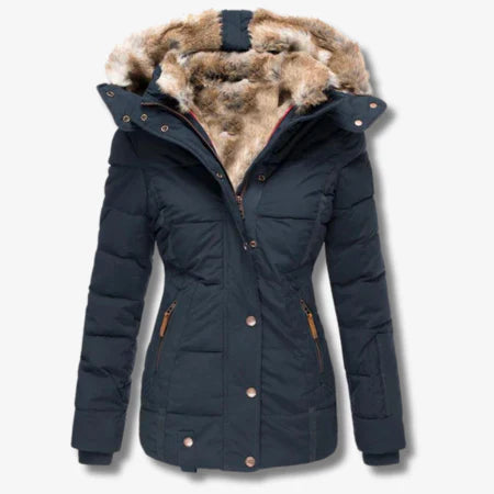 Women’s Puffer Jacket – Fitted Silhouette – Faux Fur Hood – Quilted Water-Resistant