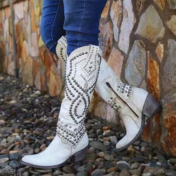 Women's Rivet Chunky Heel Knee-High Boots