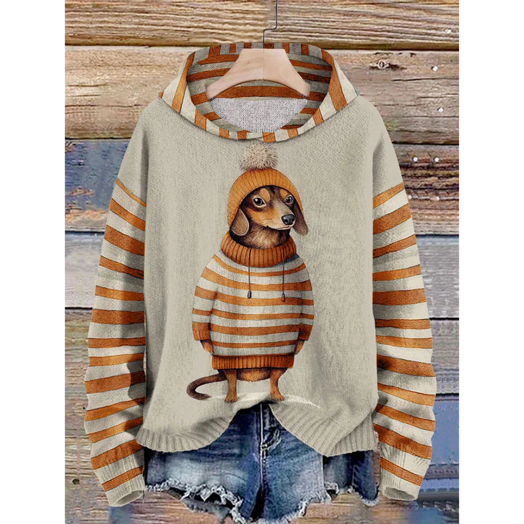 Women’s Hoodie – Relaxed Fit – Fleece Feel – Cartoon Dog Print – Striped Sleeves