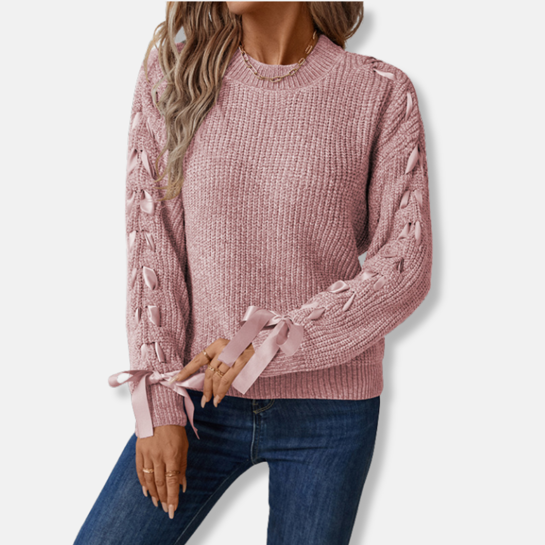 Women’s Pullover Sweater – Relaxed Fit – Ribbed Soft Knit – Lace-Up Sleeves – Crew Neck