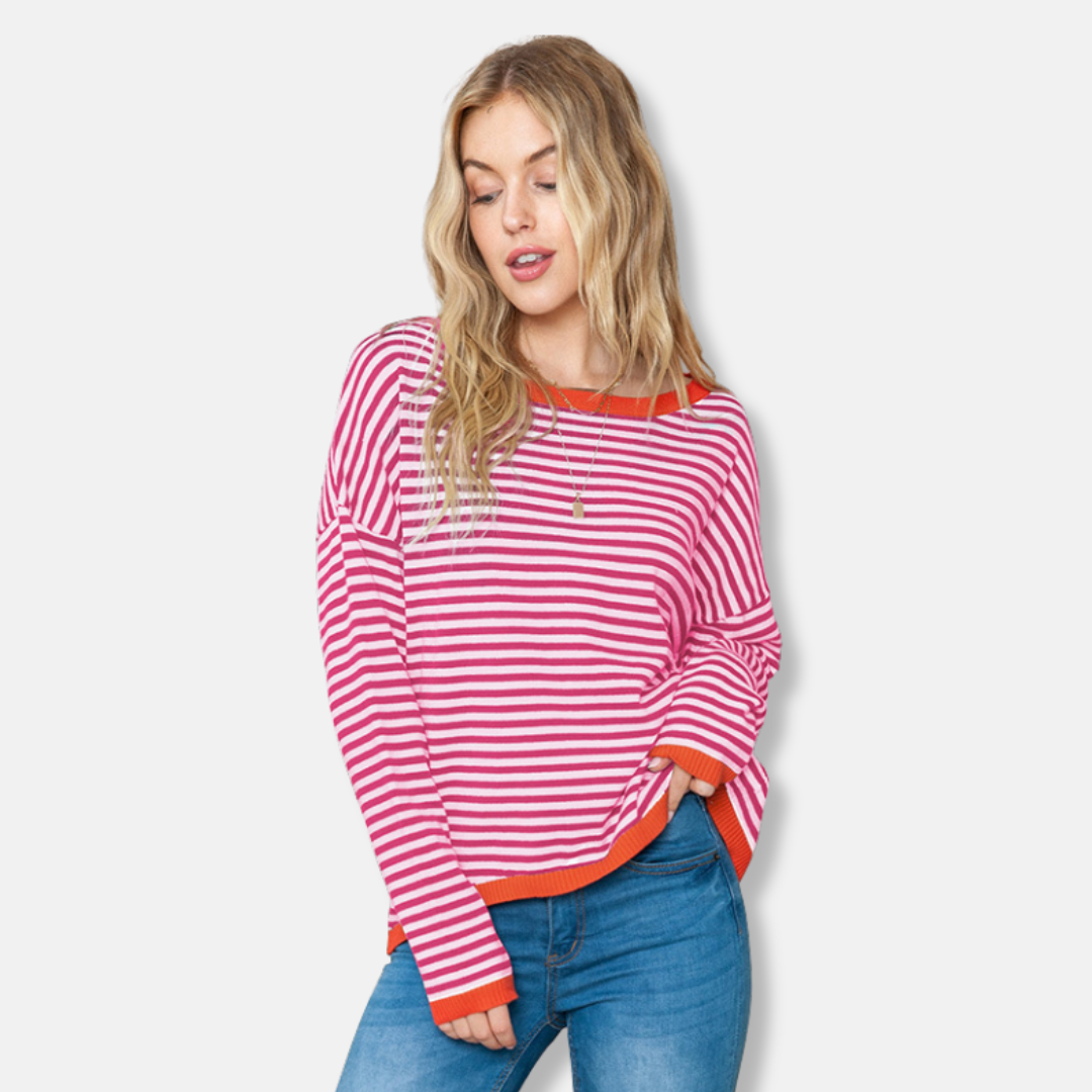 Women’s Sweater – Relaxed Fit – Knitted Stripe Design – Drop Shoulder – Ribbed Trim