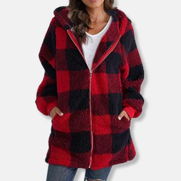 Women’s Hooded Jacket – Oversized Fit – Soft Knit – Check Pattern – Full Zip – Casual Layer