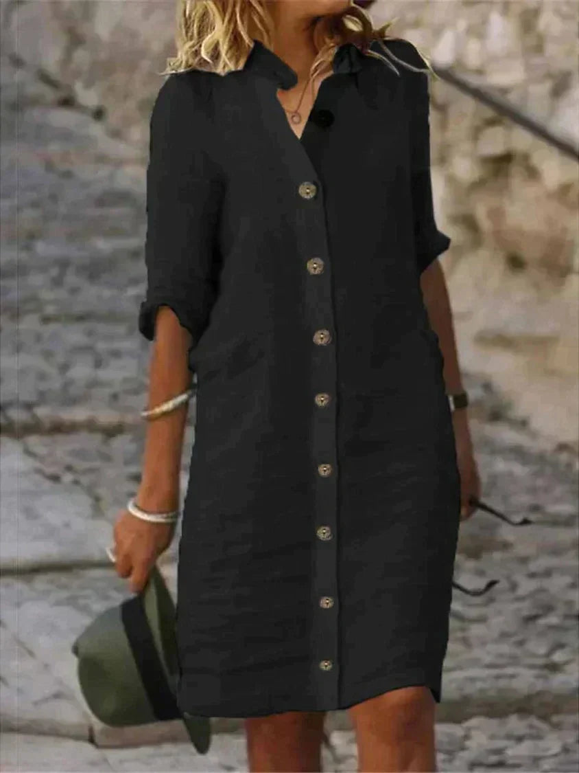 Women's Shirt Dress - Button-Up Front - Classic Collar - 3/4 Sleeve - Relaxed Fit