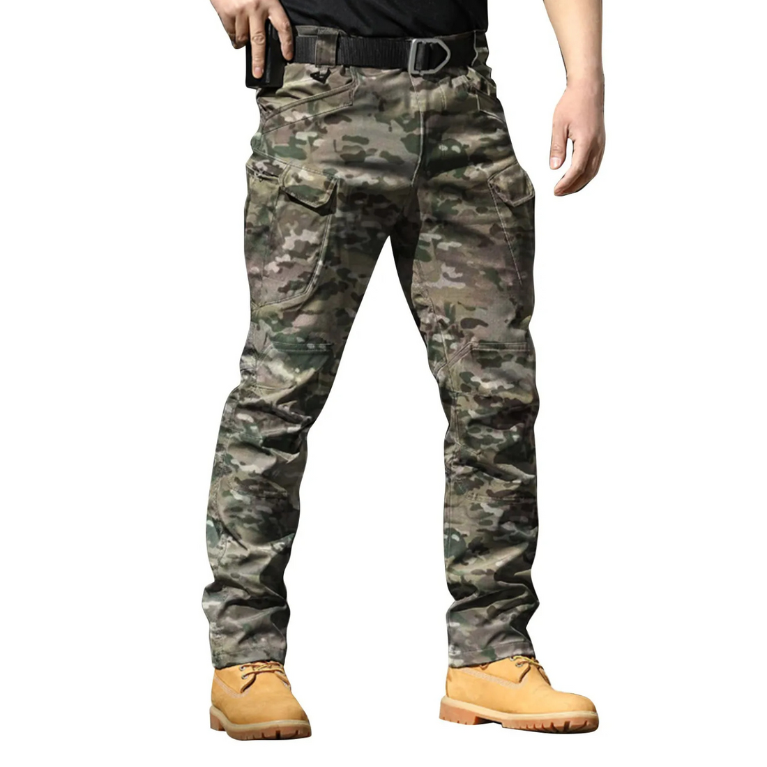 Camouflage multi-pocket cargo trousers for men, featuring a classic camo pattern and relaxed fit.