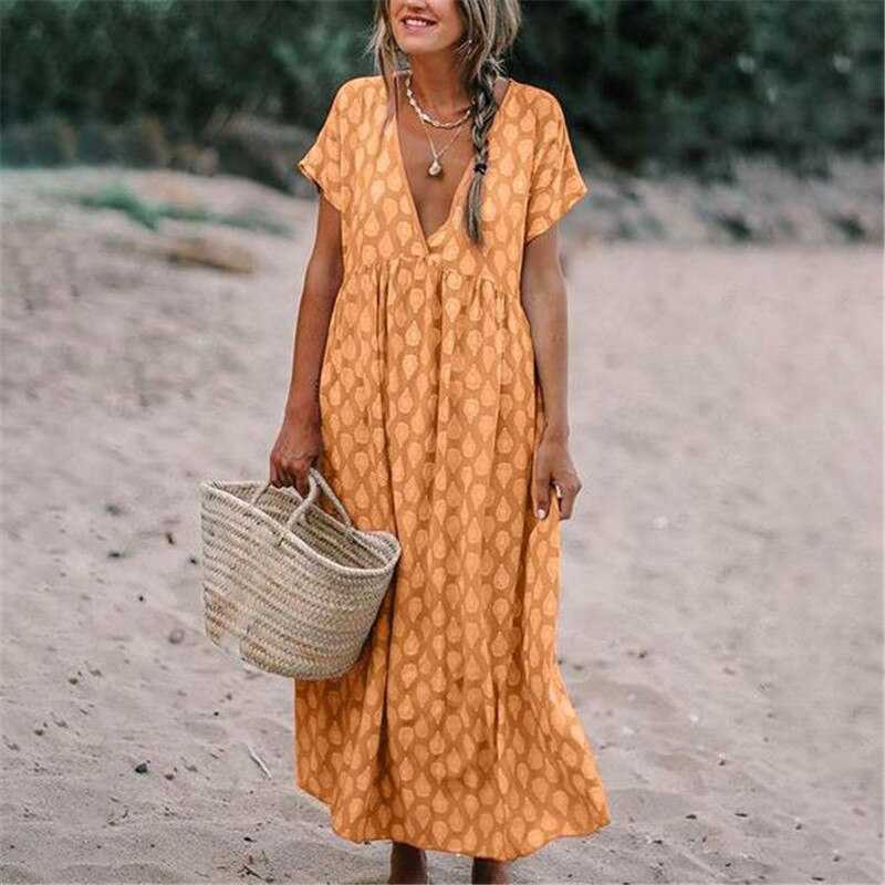 Women’s Maxi Dress – Relaxed Fit – V-Neck – Short Sleeve – Natural Fibers – Printed