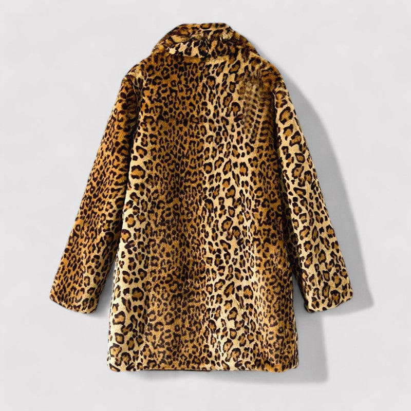 Women's Classic Leopard Print Coat | Plush Faux Fur Overcoat | Mid-Length with Notch Lapel