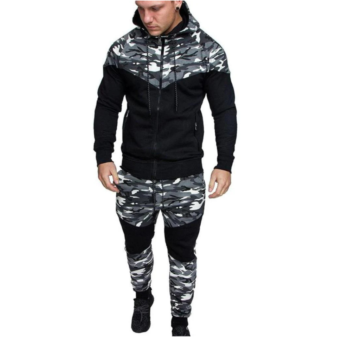 Camouflage hoodie tracksuit for men, featuring a relaxed fit hoodie and matching jogger pants.