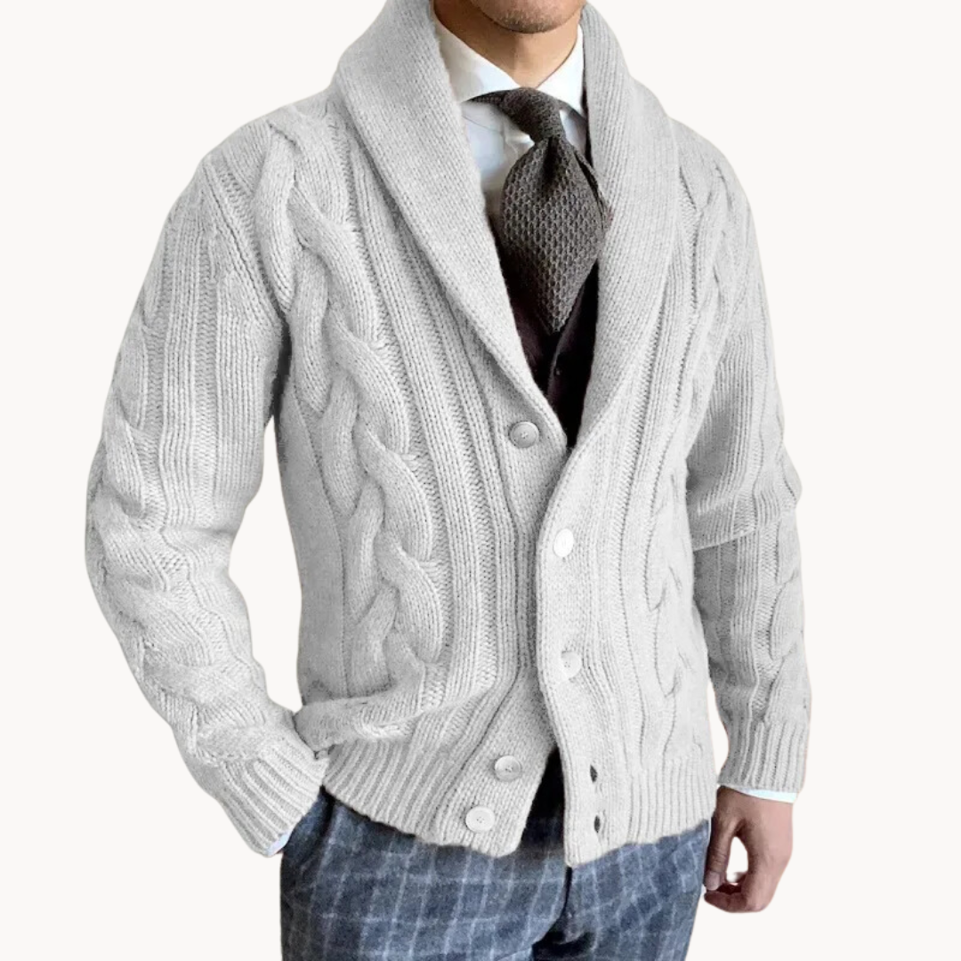 Men’s Cardigan – Wool Knit – Relaxed Fit – Cable Knit – Shawl Collar – Button Front