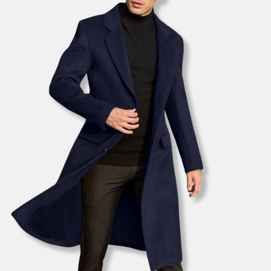 Men’s Coat – Tailored Fit – Wool Blend – Notched Lapel – Knee Length Formal Style