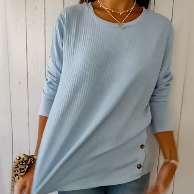 Women's Ribbed Knit Sweater - Round Neck - Long Sleeve - Soft Stretch Fabric