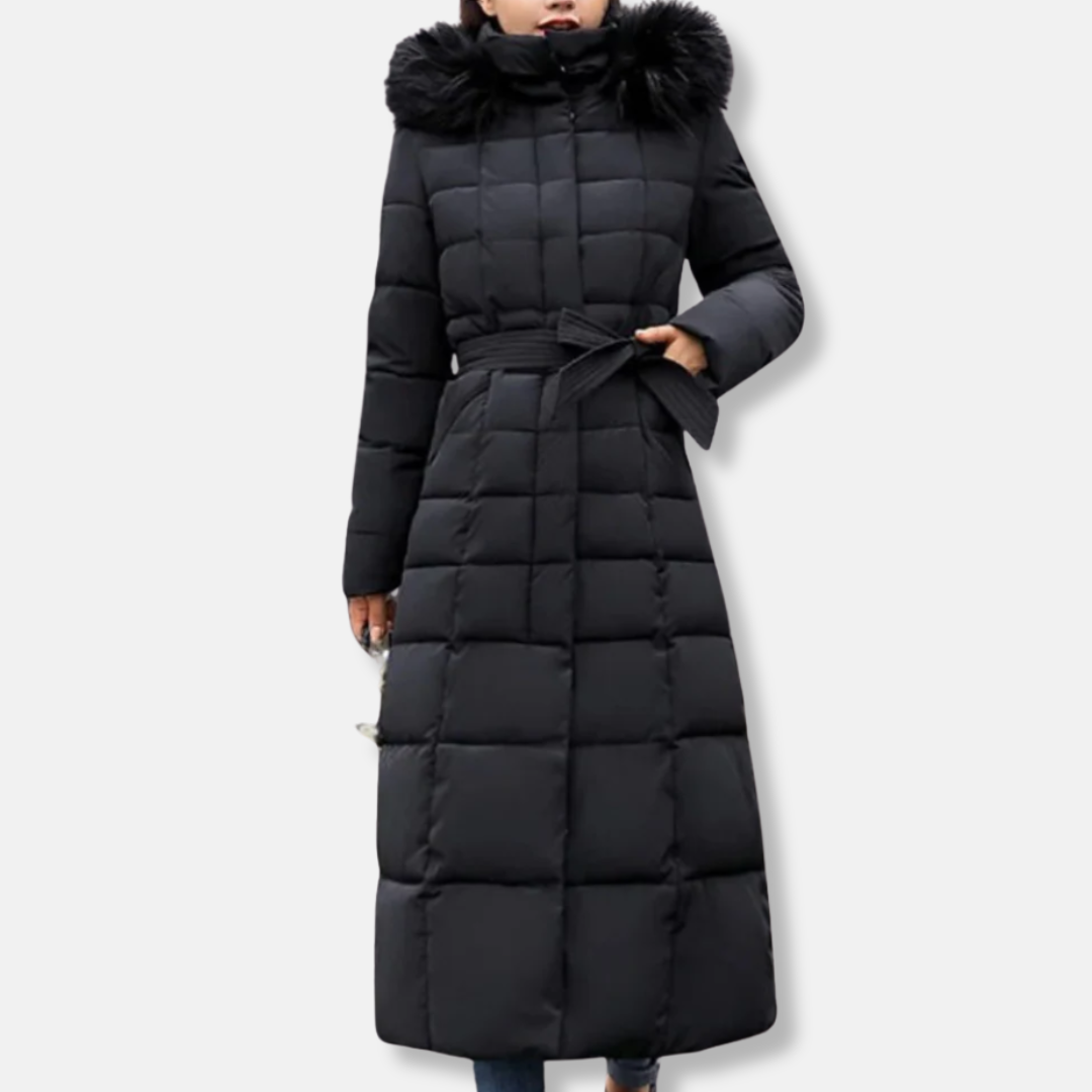 Women’s Quilted Coat – Long Insulated Fit – Belted Waist – Fur Trim Hood