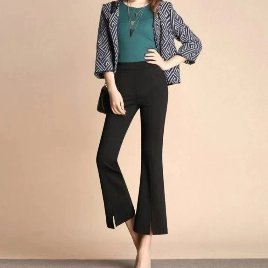 Women's Flared Trousers - Slim Fit - Lace Hem - Elegant & Stretchy Comfortable Wear