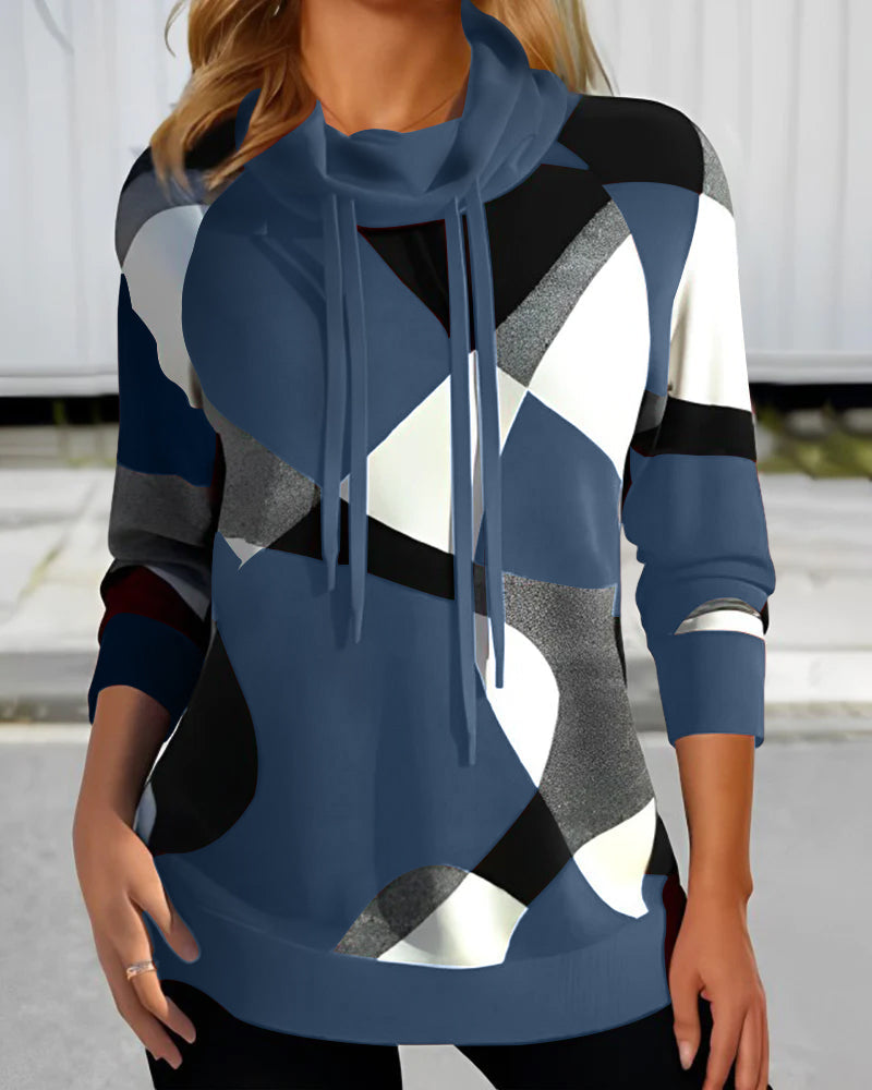 Women’s Hooded Pullover – Relaxed Fit – Soft Knit – Long Sleeve – Geometric Print