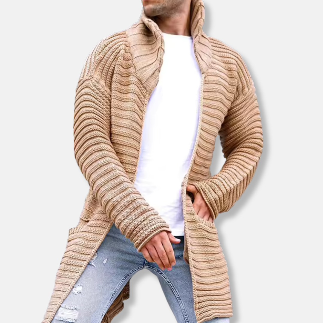 Men’s Knitted Cardigan – Wool Blend – Oversized Fit – Ribbed – Turtleneck – Open Front