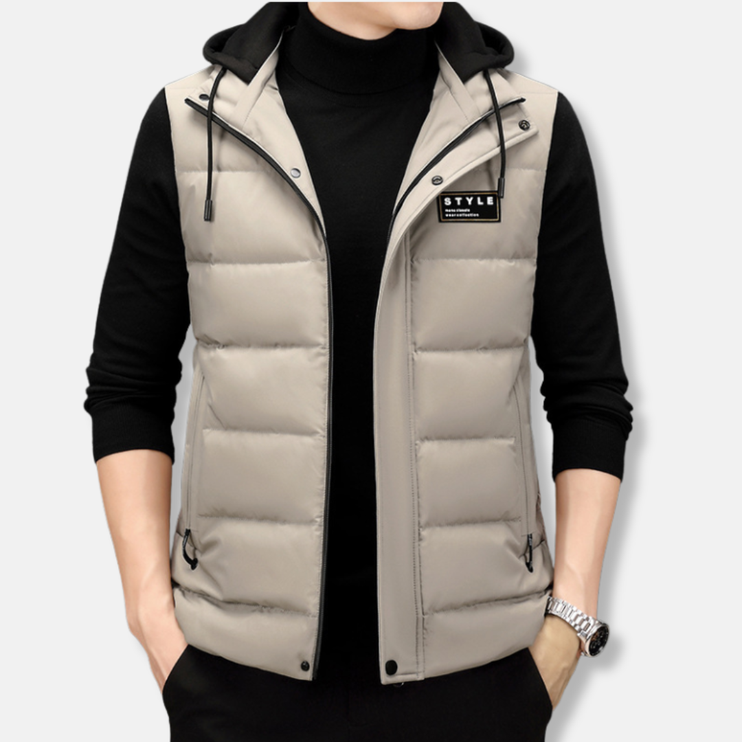 Men’s Hooded Vest – Quilted Down – Regular Fit – Sleeveless Zip Layer with Pockets