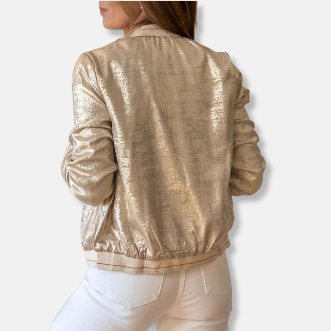 Women’s Bomber Jacket – Shiny Textured Fabric – Cropped Relaxed Fit – Zippered Pockets