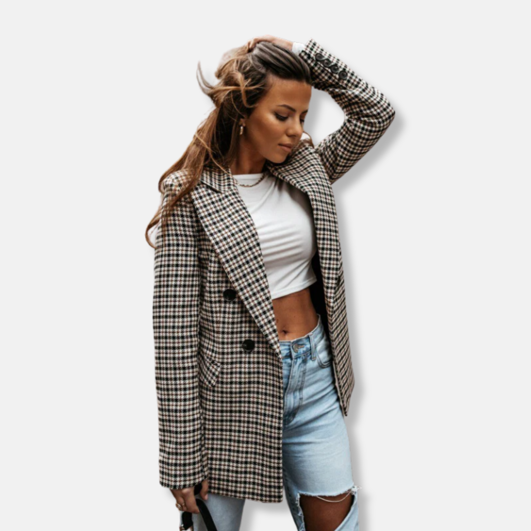 Women’s Blazer – Tailored Fit – Wool Blend – Double-Breasted Houndstooth – Notched Lapel