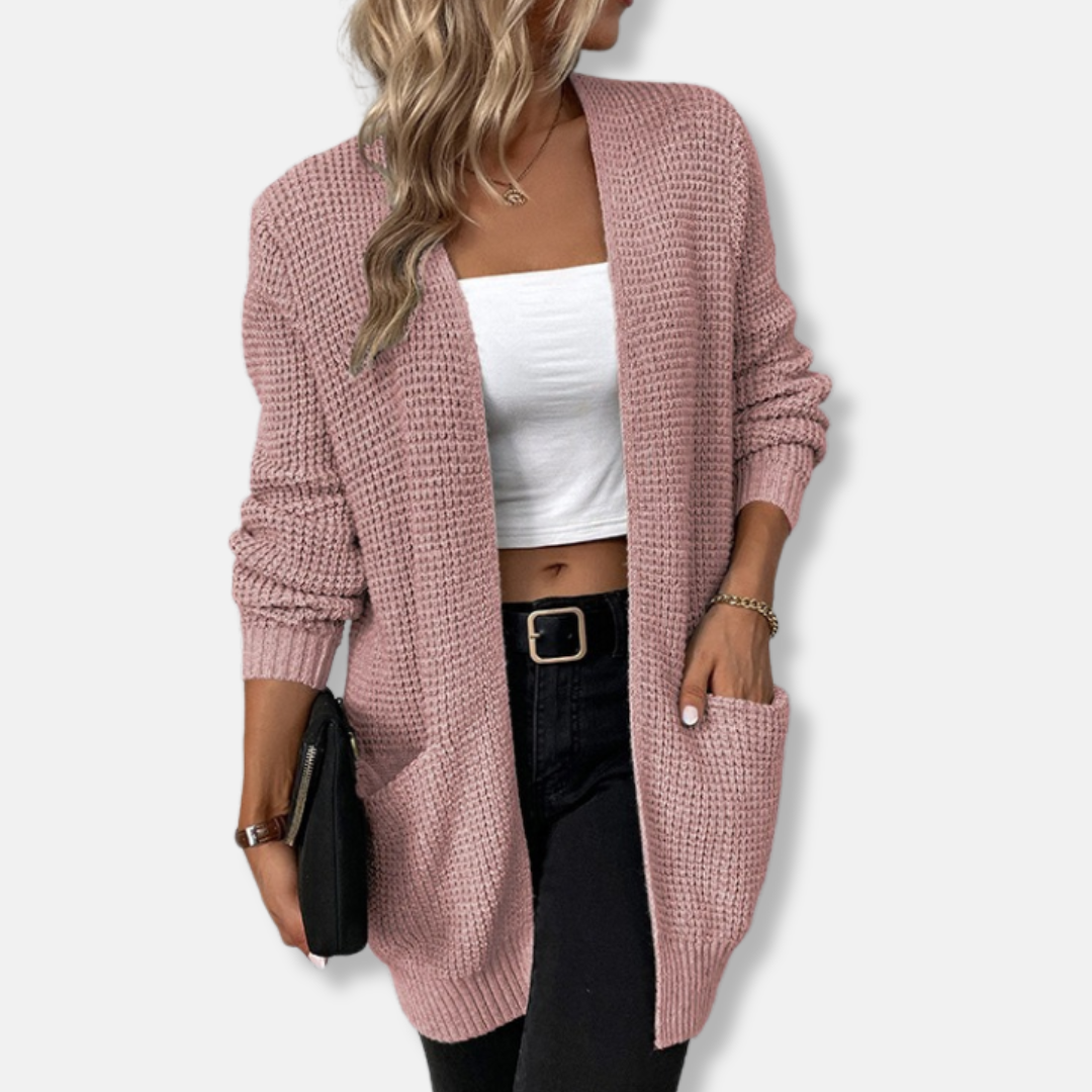 Women’s Long Sleeve Cardigan – Waffle Knit – Relaxed Fit – Open Front with Pockets