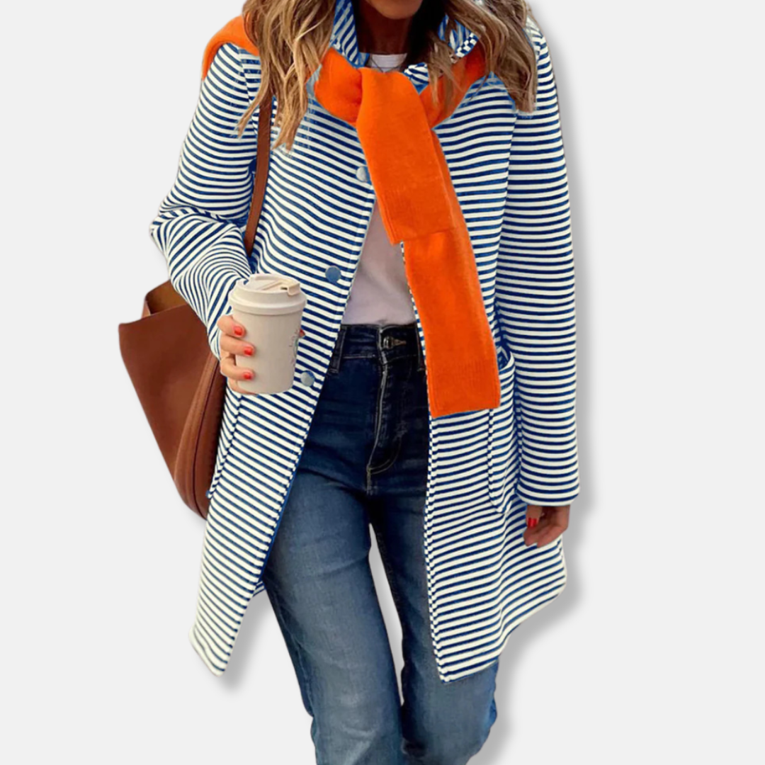 Women’s Trench Coat – Relaxed Fit – Mid-Thigh Length – Striped – Double-Breasted