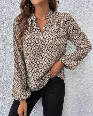 Women's Blouse - Loose Fit - Long Sleeve - V-Neck - Geometric Pattern - Lightweight & Flowy