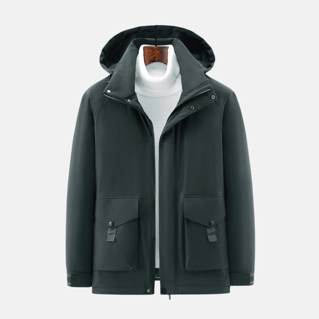 Men’s Hooded Jacket – Insulated Padded – Mid-Length – Zip Snap Closure – High Collar