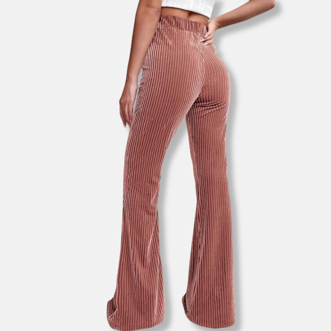 Women’s Flared Pants – High Waist Pull-On – Ribbed Texture – Full Length Wide Leg