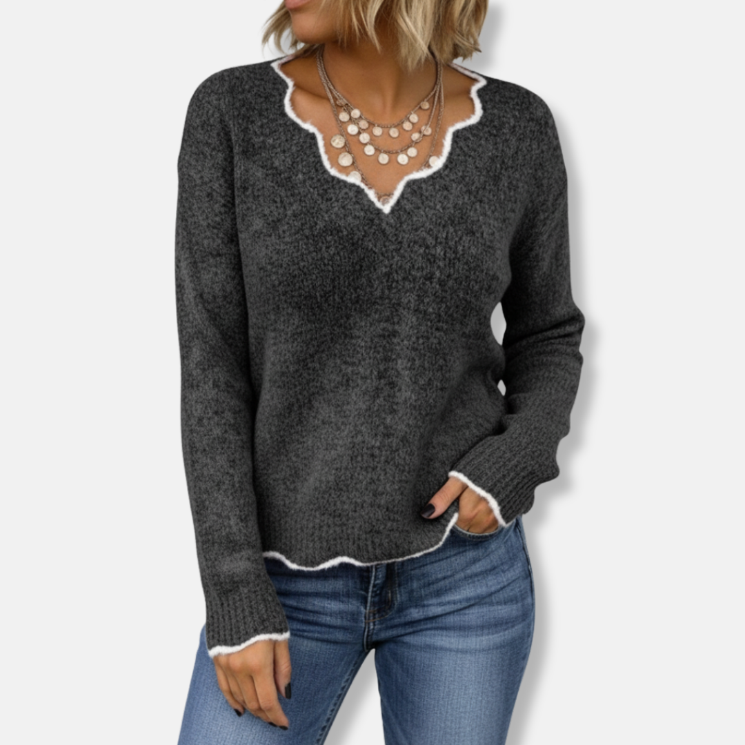 Women’s Sweater – Wool Knit – Relaxed Fit – Scalloped Neckline – Casual Pullover