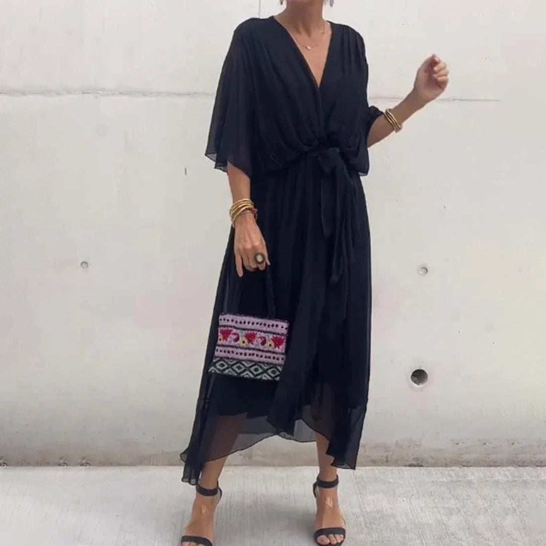 Women’s Midi Dress - Flowy A-Line - V-Neck - Balloon Sleeves - Tie Waist Elegant Fit